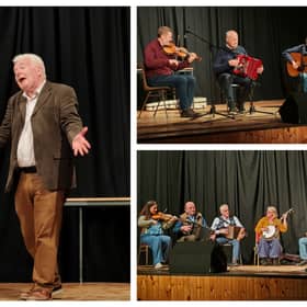   (Left) Actor and Sligo Councillor Gerry Farrell on stage at the Bee Park Community Centre last Friday during his one-man show. (TR) North Leitrim Men's Shed members taking a bow after their performance. (BR) Local musicians and Irish dancer. | David Spence